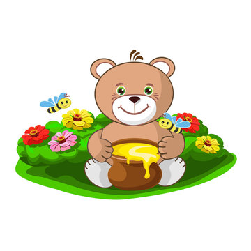 teddy bear with a pot of honey and a beehive with merry bees