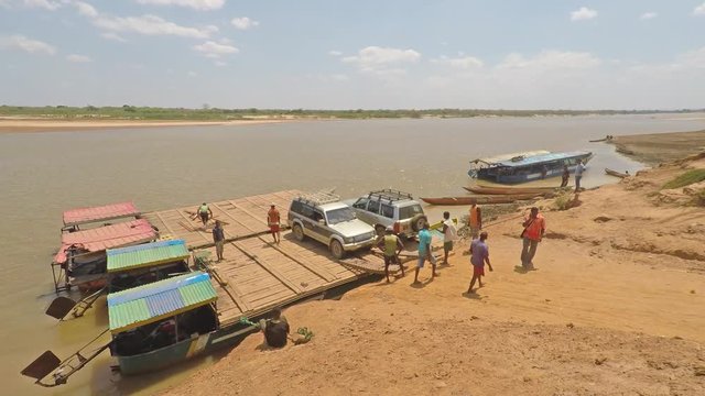 Madagascar - 17 August 2016: Car unloading from ferry at Tsiribihina Madagascar