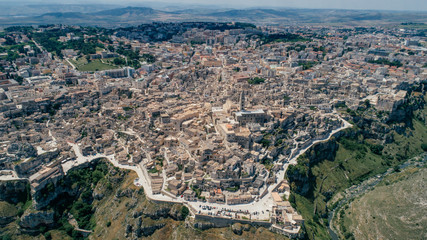 Naklejka premium Matera Apulia City near the Sea Coastline blue in Italy Drone 360 vr