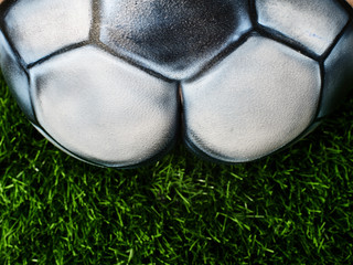 the ass of a naked girl with a beautiful waist, painted in a soccer ball, sits on the green grass. Beautiful body art on the theme of football on a black background - 208147668