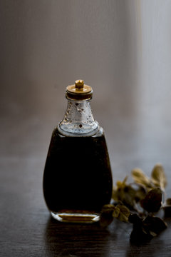 Ayurevedic essence or oil of holy basil or tulsi in a transparent bottle with some fresh bright basil leaves on wooden surface used in many treatments and home remedies related to cough, and fever.