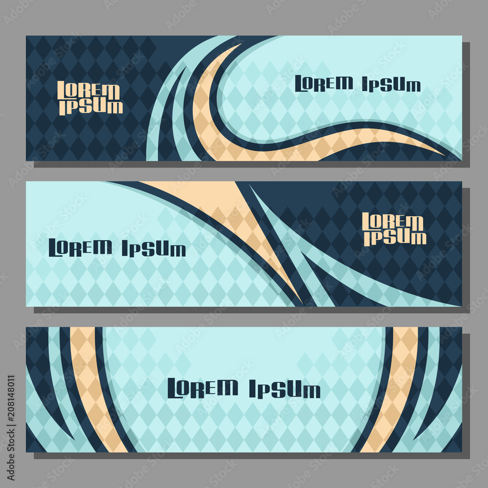 Poster vector horizontal futuristic banners, 3 layouts for design web headers with rhombus abstract pattern