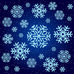 Fototapeta na wymiar The texture on Christmas theme. Snowflakes on a blue background. Vector illustration.