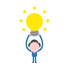 Vector illustration businessman character holding up glowing yellow light bulb idea