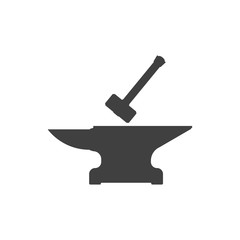 Icon of anvil and sledge hammer. Vector on white background