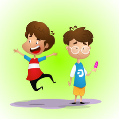 Two kids, one of them jump