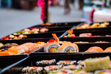 Arranged sushi on a street market in Koh Samui, Thailand