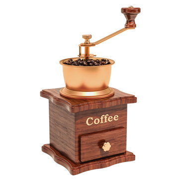Manual coffee grinder with coffee beans, 3D rendering