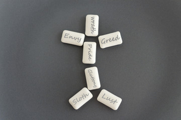 Abstract figure of a man. The inscription of the seven deadly sins.