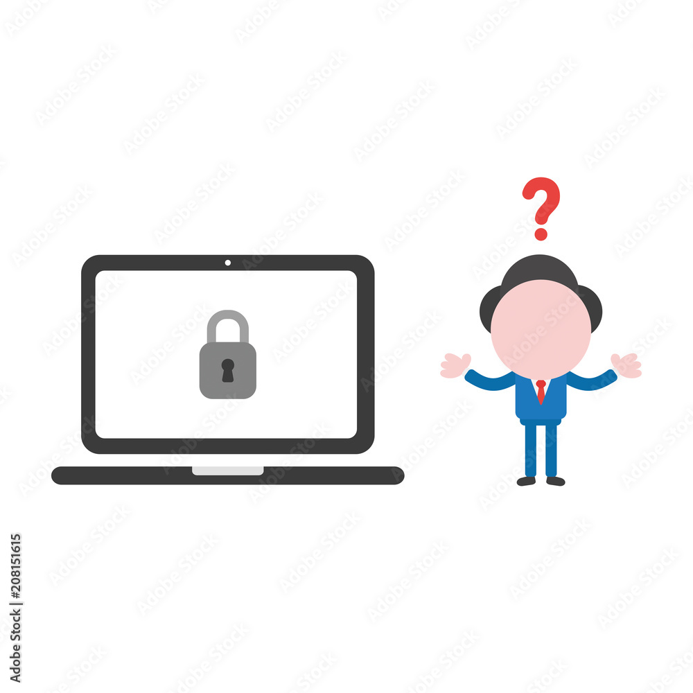 Poster vector illustration businessman character confused with laptop computer and closed padlock