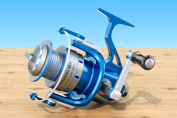 Spinning reel on the wooden table, 3D rendering