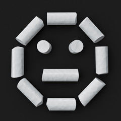White blackboard chalks assembled like face happy emoticon on rough blackboard, 3D rendered