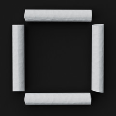 White blackboard chalks assembled like font set symbol of quadrate shape on rough blackboard, 3D rendered