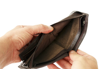 Man hand open an empty wallet on white background, isolated