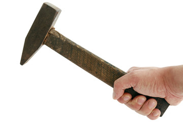 Hammer in hand on white background , isolated