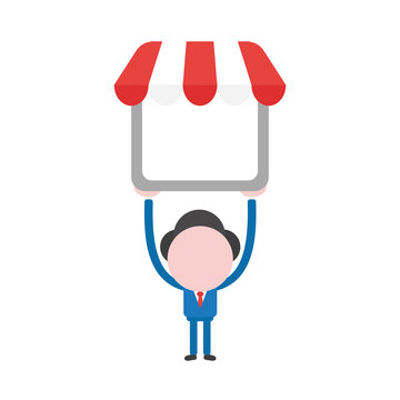 Vector illustration businessman character holding up shop store with awning
