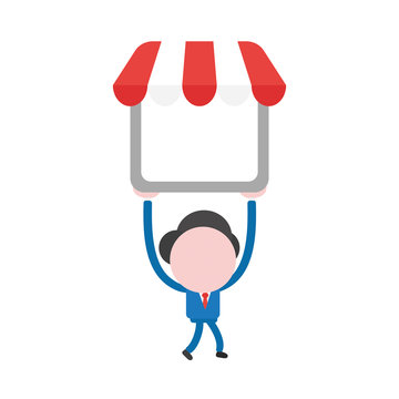 Vector illustration businessman character walking and holding up shop store with awning