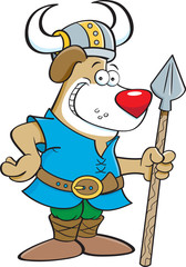 Cartoon illustration of a dog wearing a Viking costume and holding a spear.