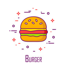 Vector color icon with burger on white background. Thin line flat design. Banner for fast food.