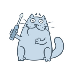 Cheerful cat sells a screwdriver. Vector illustration.