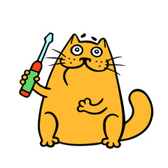 Cartoon orange cat holds a screwdriver. Vector illustration.