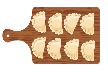 Dumplings (pierogi, varenyky, pelmeni, ravioli) on a wooden cutting board isolated on background. Polish cuisine. Eastern european cuisine. Vector hand drawn illustration. - 208153886