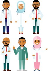 Set of  arab medical people, muslim doctor. 
 Vector illustration diversity practitioner, physician, nurse.
