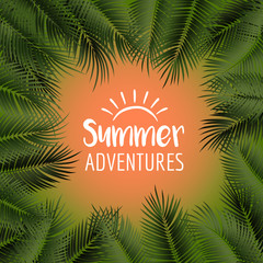 Fototapeta na wymiar Vector summer poster framed with green palm leaves on orange background.