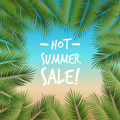 Obraz premium Vector summer poster framed with green palm leaves on beach colored background.