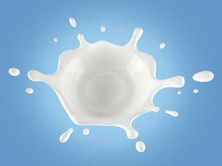 Splash of milk close-up on a blue background. View from above. 3D illustration