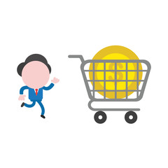 Vector illustration businessman character running with shopping cart and dollar money coin