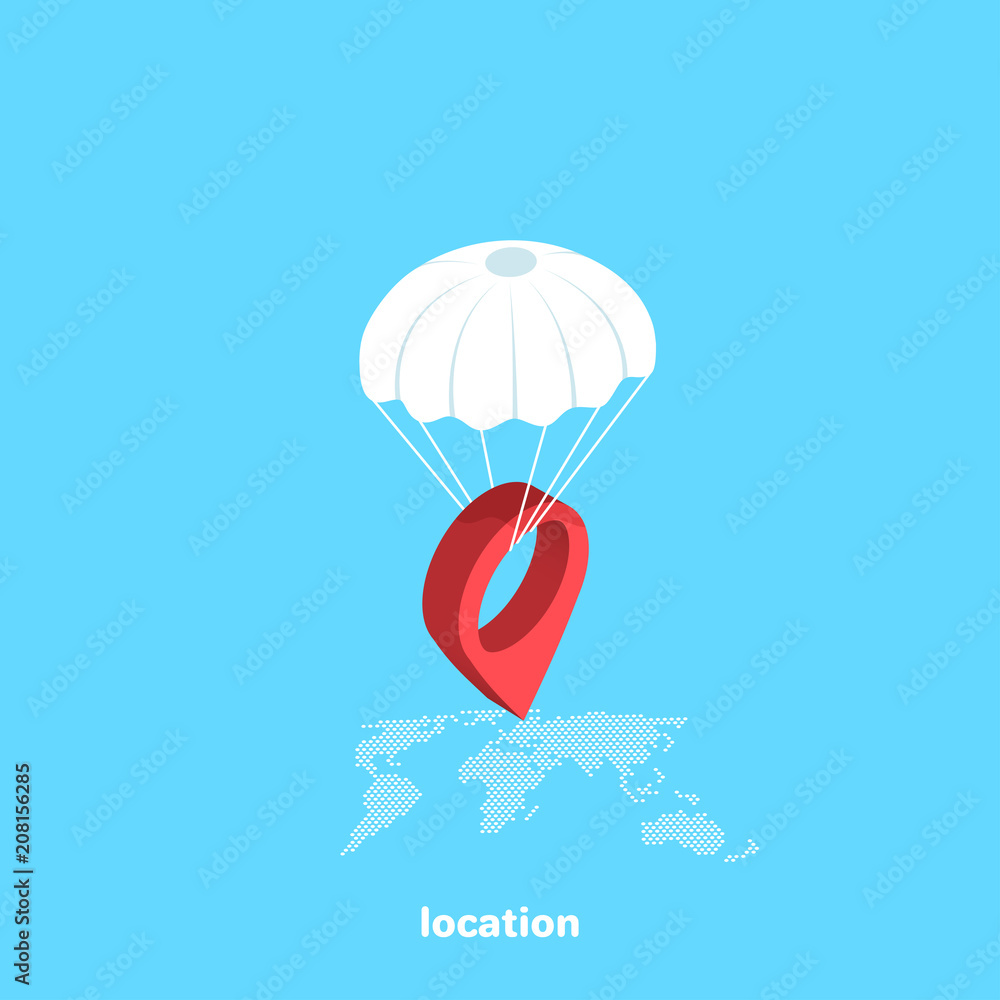 Poster red locus icon descends on a parachute on a map of the globe, isometric image