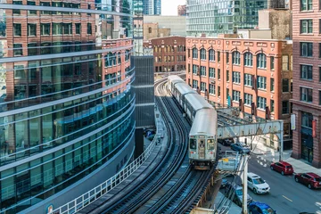 Abwaschbare Fototapete Chicago Trainieren Sie auf erhöhten Gleisen im Loop, Chicago
