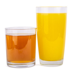 Two glasses of fresh orange and apple juice isolate