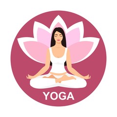 Young woman sitting in yoga lotus pose. Meditating girl illustration. Yoga woman, meditation, anti-stress people 