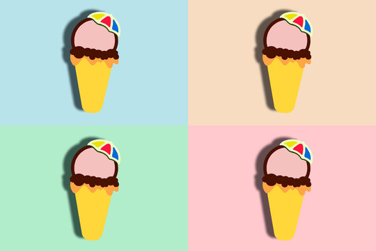 Four ice creams cones illustration on colorful background. 