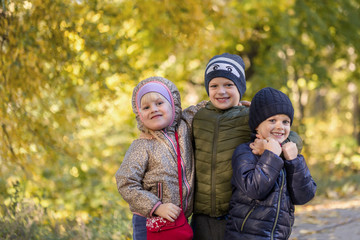Fototapeta na wymiar Group of happy three kids having fun outdoors in autumn park. Cute children enjoy hugging together against golden fall background. Best frend forever and happy childhood concept