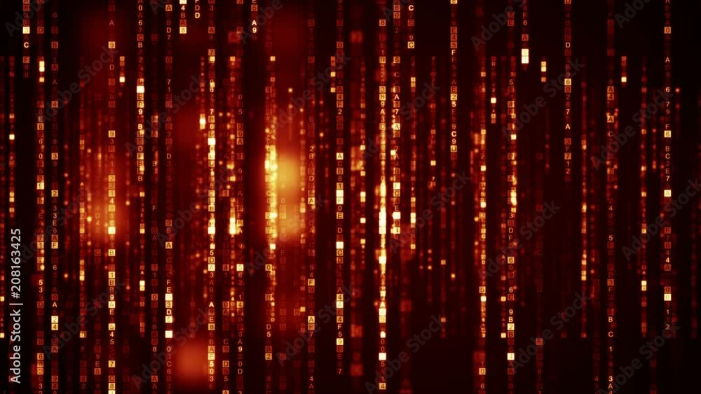 Poster flying columns of orange hex digital symbols. futuristic big data information technology concept. co