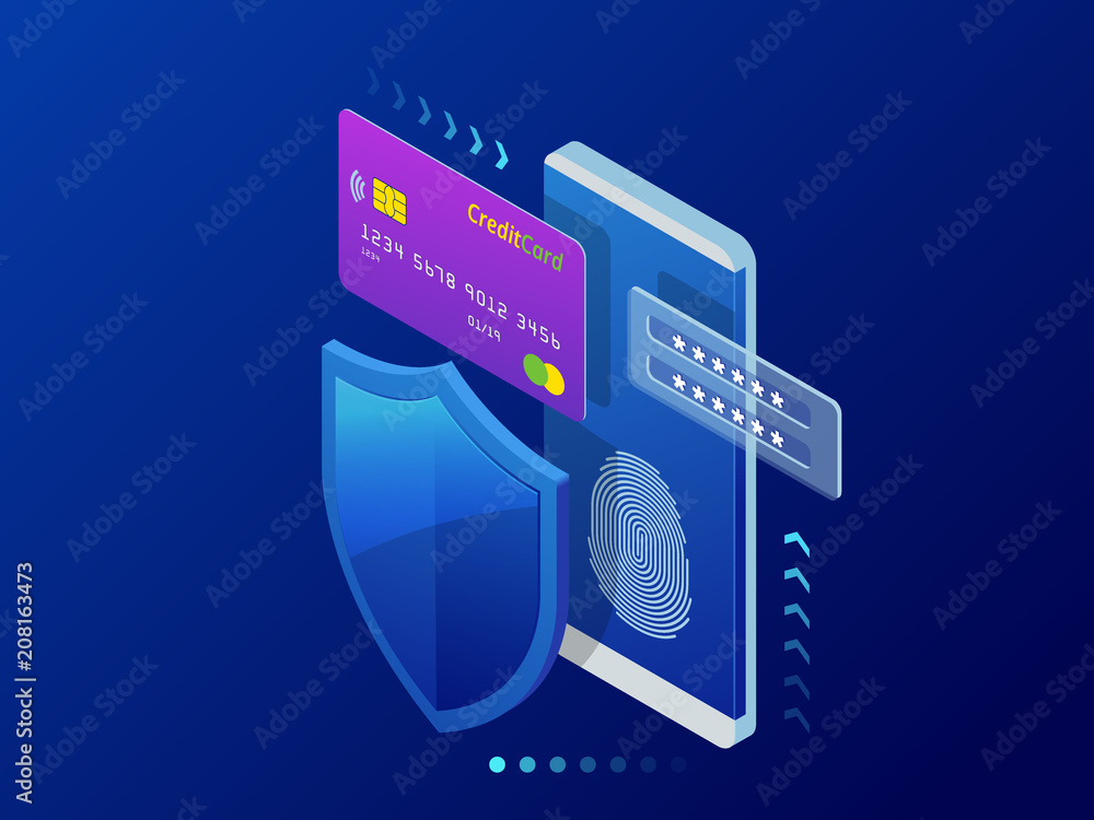 Poster isometric personal data protection web banner concept. cyber security and privacy. traffic encryptio