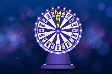 Blue fortune wheel 3d object on abstract defocused circular blue bokeh background. Wheel of luck lottery. Jack pot