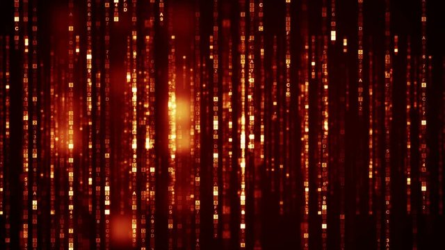 Flying columns of orange HEX digital symbols. Futuristic big data information technology concept. Computer generated seamless loop animation 4k (4096x2304)
