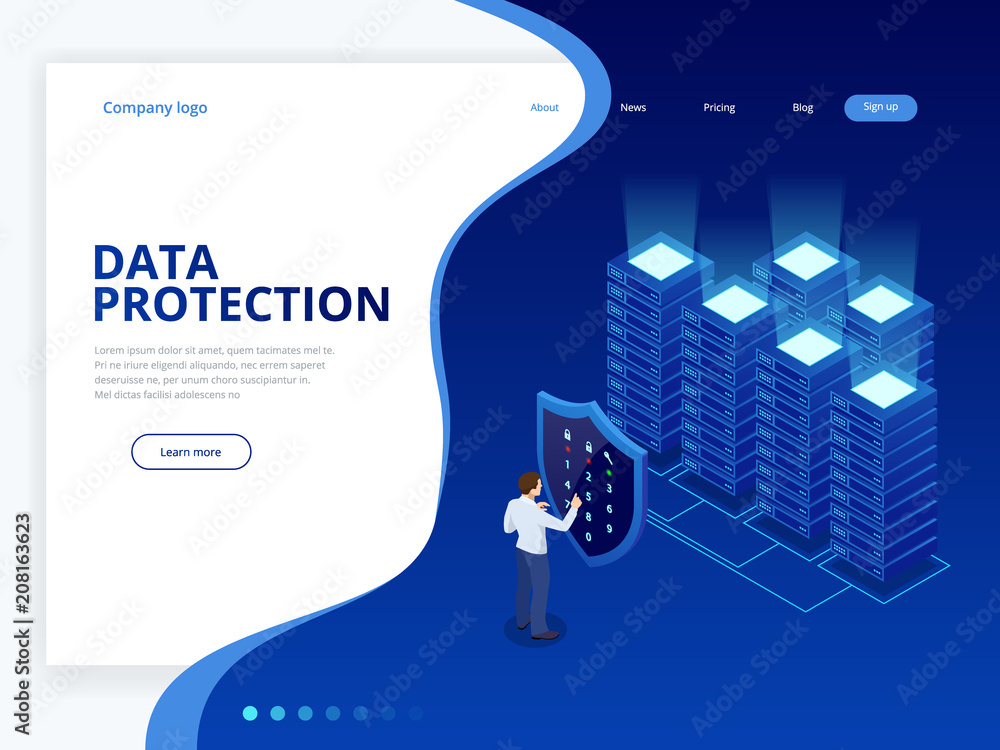 Poster isometric personal data protection web banner concept. cyber security and privacy. traffic encryptio
