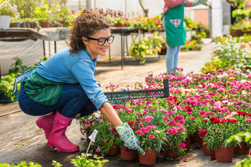 Young woman entrepreneur working in flower garden