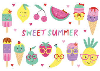 set of isolated cute ice cream and fruits - vector illustration, eps
