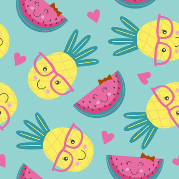 seamless pattern with cute pineapple and watermelon - vector illustration, eps