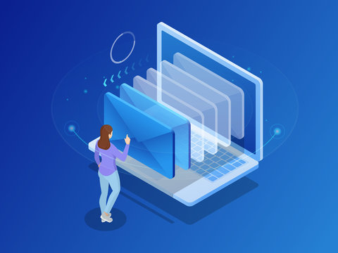 Isometric message online chat social text concept. Business woman holding smartphone with emails. Vector illustration