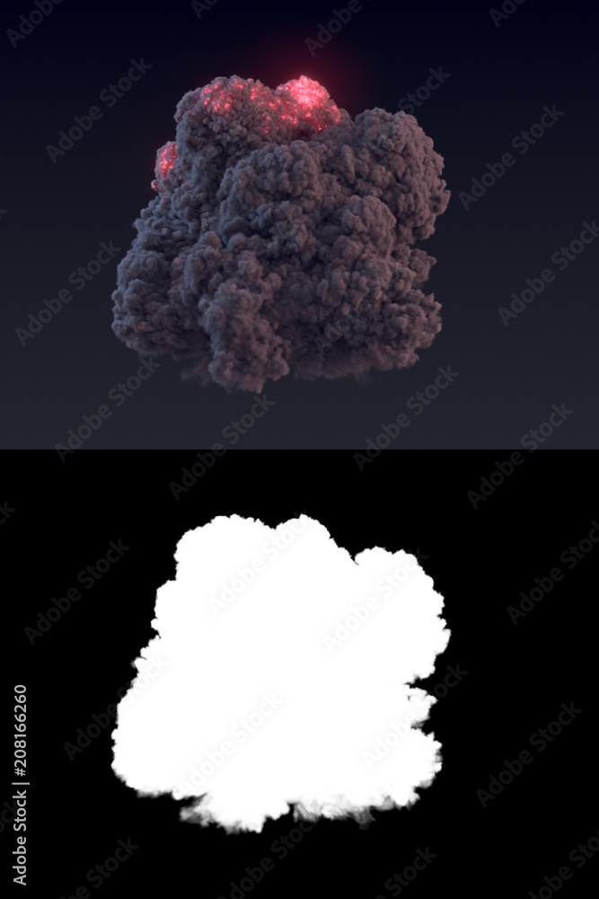 Poster Large explosion with black smoke in dark. 3d rendering