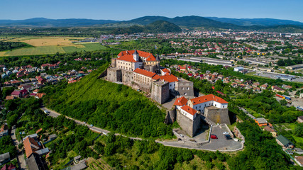 Beautiful panoramic aerial view to Palanok Castle in the city of Mukachevo.