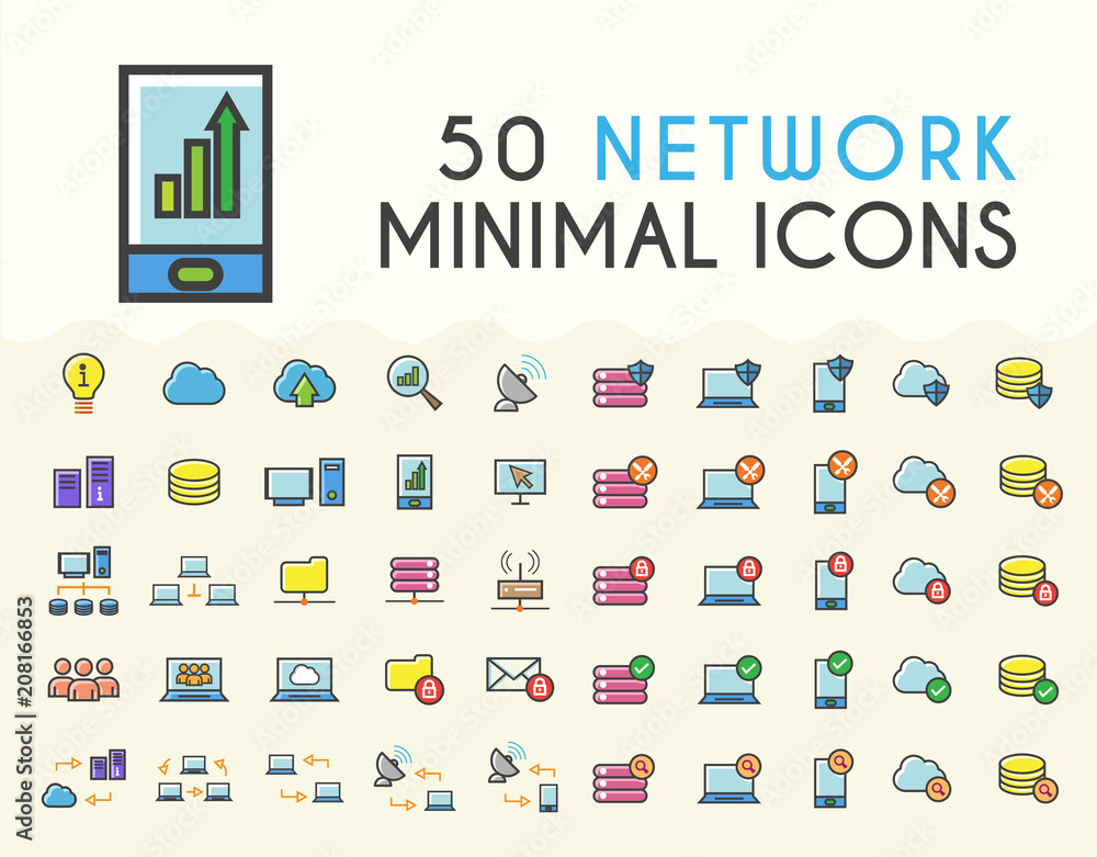 Poster set of 50 minimalistic solid line coloured network icons . isolated vector elements
