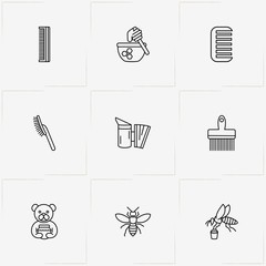 Honey line icon set with wood log, bear with honey and wasp